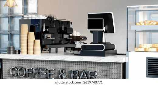 A modern coffee bar setup showcasing sleek equipment and comfortable seating, perfect for meeting friends.