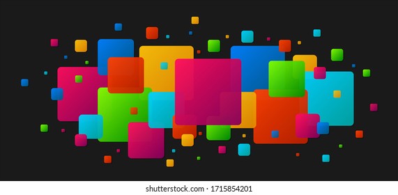 Modern Colored Squares Glitter Abstract Isolated On Black. Colorful Particles Pattern Concept. Background Design For Presentation, Poster, Flyer, Cover, Brochure, Banner