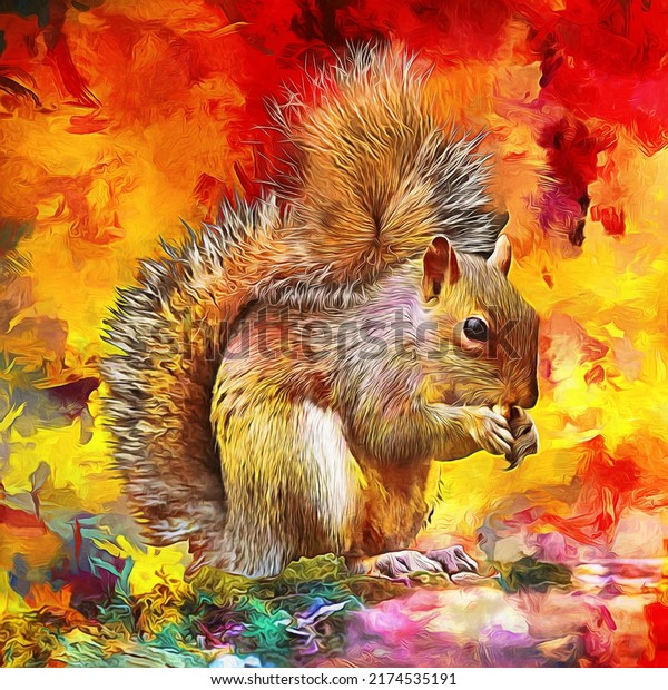 modern colorful oil painting of a Squirrel, artist collection of animal painting for decoration and interior, canvas art, abstract wallpaper. 
