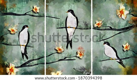 modern colorful Swallow oil painting with flowers. Abstract painting for interior . collection of designer oil paintings. Decoration for interior. Contemporary abstract art on canvas.