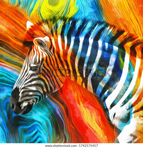 modern colorful zebra oil painting. Abstract painting for interior decoration. contemporary style artwork with chaotic paint strokes and splashes, artist collection of animal painting. Set of pictures.