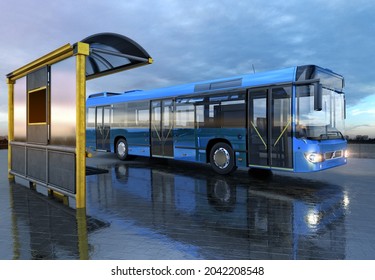 Modern Comfortable City Bus On The Asphalt Road. Electric Eco Bus, Public Zero Emission Transport. Travel Traffic, Urban Trip, Countryside Journey, Bus Vehicle Transportation, E-bus Ride 3d Concept