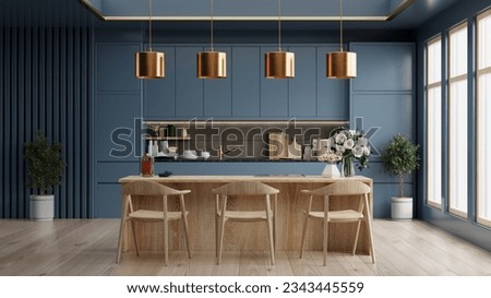 Modern comfortable kitchen interior design with dark blue wall.3d rendering