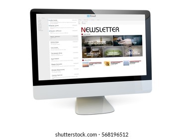 modern communications online concept: render of a computer with mail client newsletter on the screen isolated