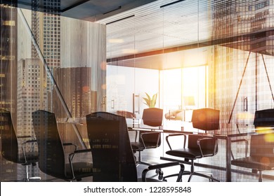 Modern Company Conference Room Interior With Long Table, Glass And Wooden Walls And Concrete Floor. Concept Of Negotiation. 3d Rendering Toned Image Double Exposure