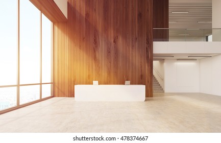 Modern Company Lobby With Wooden Walls, Large Windows, Stairs And Reception Desk. Concept Of Sunlit Office. 3d Rendering. Mock Up. Toned Image