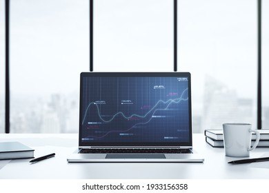 Modern Computer Display With Abstract Graphic Data Spreadsheet Sketch, Analytics And Analysis Concept. 3D Rendering