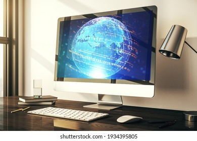 Modern computer display with abstract programming language hologram and world map, artificial intelligence and neural networks concept. 3D Rendering
