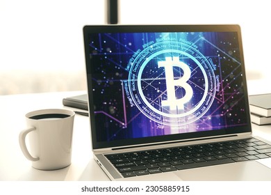 Modern computer display with creative Bitcoin symbol hologram. Mining and blockchain concept. 3D Rendering