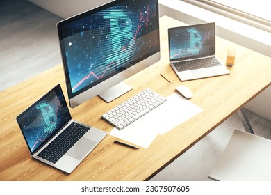 Modern computer display with creative Bitcoin symbol hologram. Mining and blockchain concept. 3D Rendering