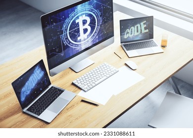Modern computer display with creative Bitcoin symbol hologram. Mining and blockchain concept. 3D Rendering