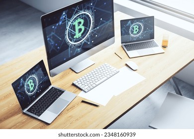 Modern computer display with creative Bitcoin symbol hologram. Mining and blockchain concept. 3D Rendering