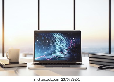 Modern computer display with creative Bitcoin symbol hologram. Mining and blockchain concept. 3D Rendering
