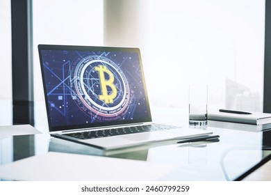 Modern computer display with creative Bitcoin symbol hologram. Mining and blockchain concept. 3D Rendering