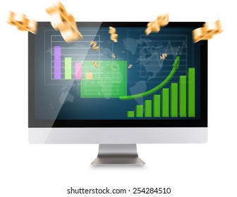 Modern computer display with digital icons of economic graphs. Front view. Isolated on white background