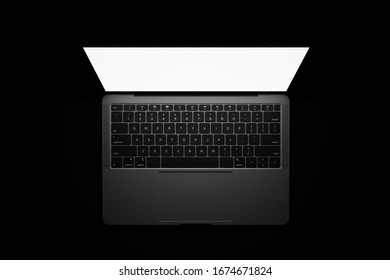 Modern Computer Laptop Open White Screen Night Black Background Light From Screen For Present Advertising Product Or Webpage Design Mockup,3D Render Illustration