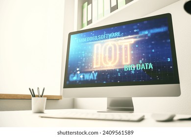 Modern computer monitor with creative IOT hologram, research and development concept. 3D Rendering - Powered by Shutterstock