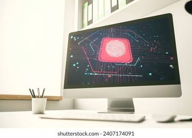 Modern computer screen with creative fingerprint hologram, personal biometric data concept. 3D Rendering