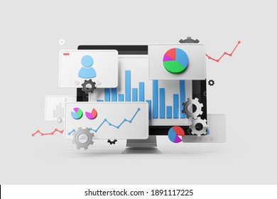 Modern computer screen with graphs and diagrams over white background. Concept of stock market and statistics. 3d rendering