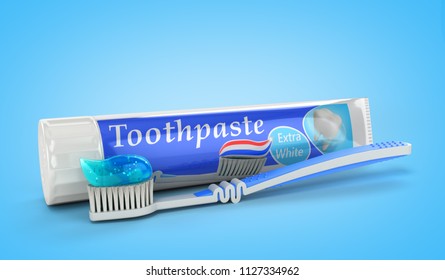 modern concept of the design of a tube of toothpaste toothpaste tube with toothbrush 3d render on blue