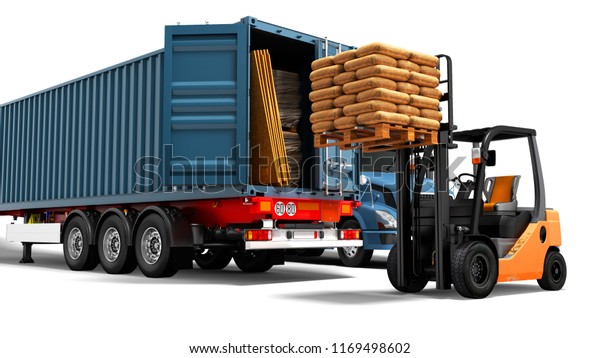 Modern\
concept of loading and unloading cargo from blue from truck with\
trailer with building materials and an orange forklift with pallet\
isolated 3d render on white background with\
shadow