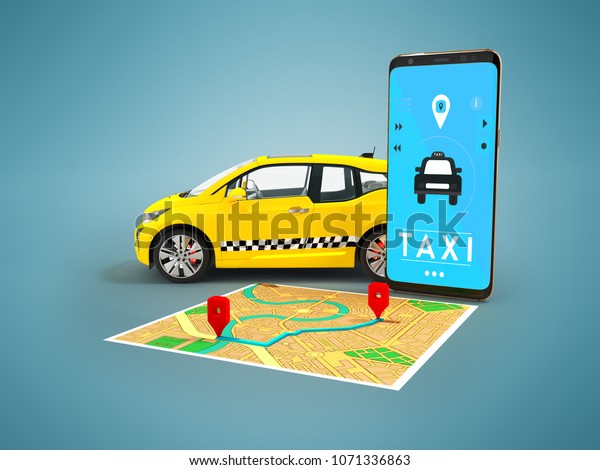 Modern concept of taxi calling an electric car\
with a smartphone via mobile blue with a route map 3d render on\
blue background with\
shadow