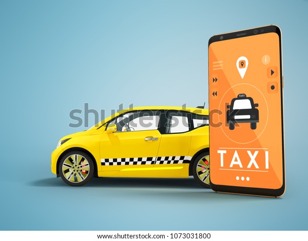 Modern concept of taxi calling an electric car\
with a smartphone via a mobile app orange 3d render on blue\
background with\
shadow