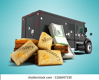 Modern Concept Of Transporting Money In Bank Of Black Truck With An Armored Car 3d Render On Blue Background With Shadow