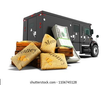 Modern Concept Of Transporting Money In Bank Of Black Truck With An Armored Car 3d Render On White Background With Shadow