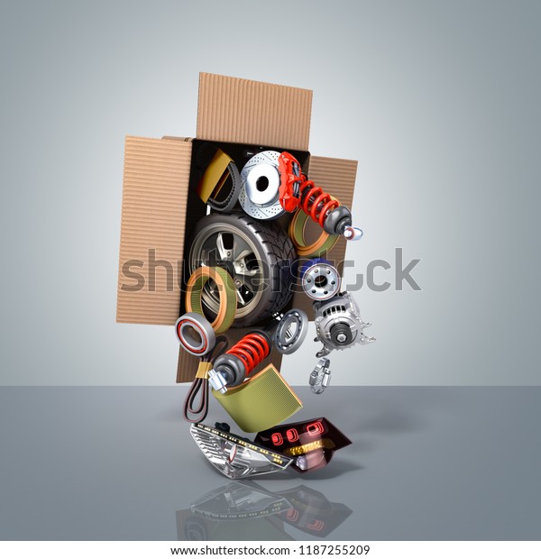 modern concept of\
vehicle maintenance automotive supplies delivery car parts in open\
box 3d render on a\
grey