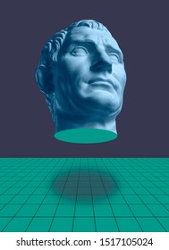 Modern Conceptual Art Poster With Ancient Statue Of Bust Of Octavian Augustus. Collage Of Contemporary Art.