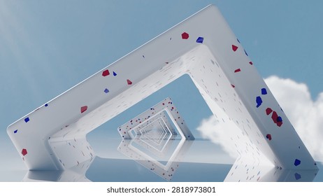 A modern conceptual design featuring patterned triangular structures creating an endless perspective corridor set against a bright sky background.