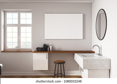 Modern concrete bathroom interior with blank billboard on wall, furniture and window with daylight. Mock up, 3D Rendering 