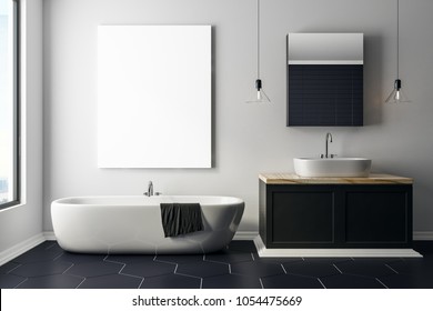 Modern concrete bathroom interior with empty poster. Hotel and design concept. Mock up, 3D Rendering 