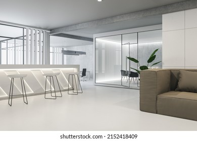 Modern Concrete And Glass Office Interior. Commercial Workplace, Law And Legal Concept. 3D Rendering