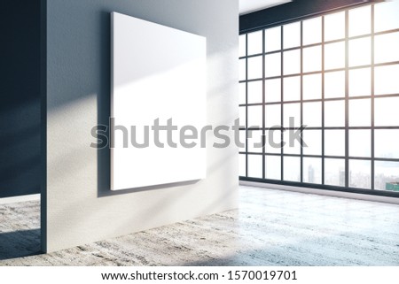 Modern concrete interior with empty poster and city view with sunlight. Mock up, 3D Rendering
