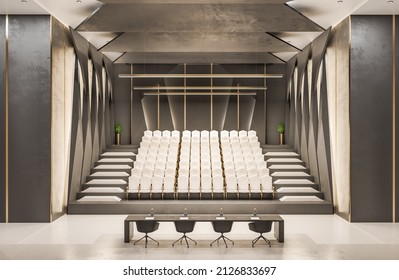 Modern Concrete Lecture Hall Auditorium Interior With Seats And Other Objects. Speech, Workshop And Graduation Concept. 3D Rendering