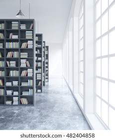 Modern Concrete Library Interior With Book Shelves And Daylight. 3D Rendering