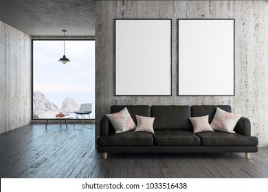 Modern Concrete Living Room Interior With Panoramic Landscape View, Furniture And Blank Poster On Wall. Mock Up, 3D Rendering 