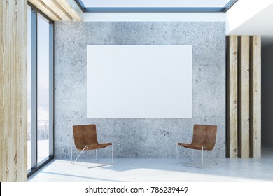 Modern Concrete Loft Interior With Empty Poster On Wall, Chairs And Window With Winter Landscape View And Sunlight. Mock Up, 3D Rendering 