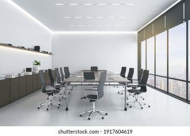 Modern Conference Monochrome Style Room With Big Table With Wooden Surface, Led Lights, Light Top And Floor And City View From Big Window. 3D Rendering