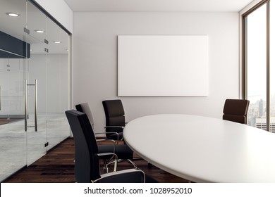 Modern conference room with empty poster and city view. Mock up, 3D Rendering 