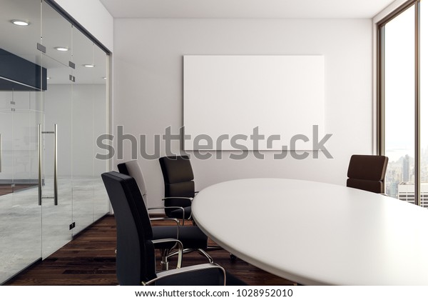 Modern conference room with empty poster and\
city view. Mock up, 3D Rendering\
