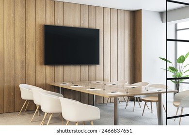 Modern conference room interior with a blank black screen, wooden walls, and glass elements on a light background, concept of a meeting space. 3D Rendering - Powered by Shutterstock