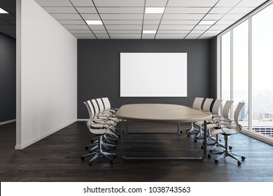 Modern Conference Room Interior With Empty Poster On Wall. Presentation Concept. Mock Up, 3D Rendering 