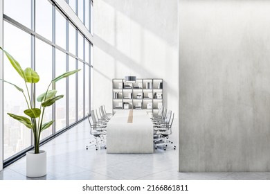 Modern conference room interior with tile flooring, decorative plant, empty mockup place on wall, panoramic city view, furniture and various items. 3D Rendering