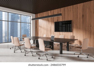 Modern conference room with wooden walls and large windows, light interior, concept of workplace design. 3D Rendering - Powered by Shutterstock