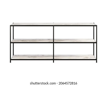 Modern Console With A Matte Black Iron Frame And White Marble Open Shelving On White Background. Mid-century, Loft, Chalet, Scandinavian Interior. 3d Render