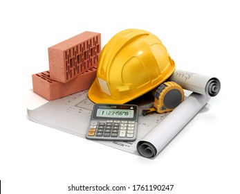 modern construction costing concept hard hat bricks and tape measure in the drawings next to the calculator 3d render on white - Powered by Shutterstock