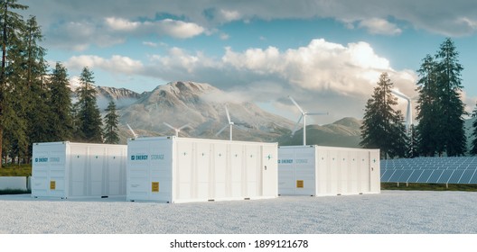 Modern Container Battery Energy Storage Power Plant System Accompanied With Solar Panels And Wind Turbine System Situated In Nature With Mount St. Helens In Background. 3d Rendering.